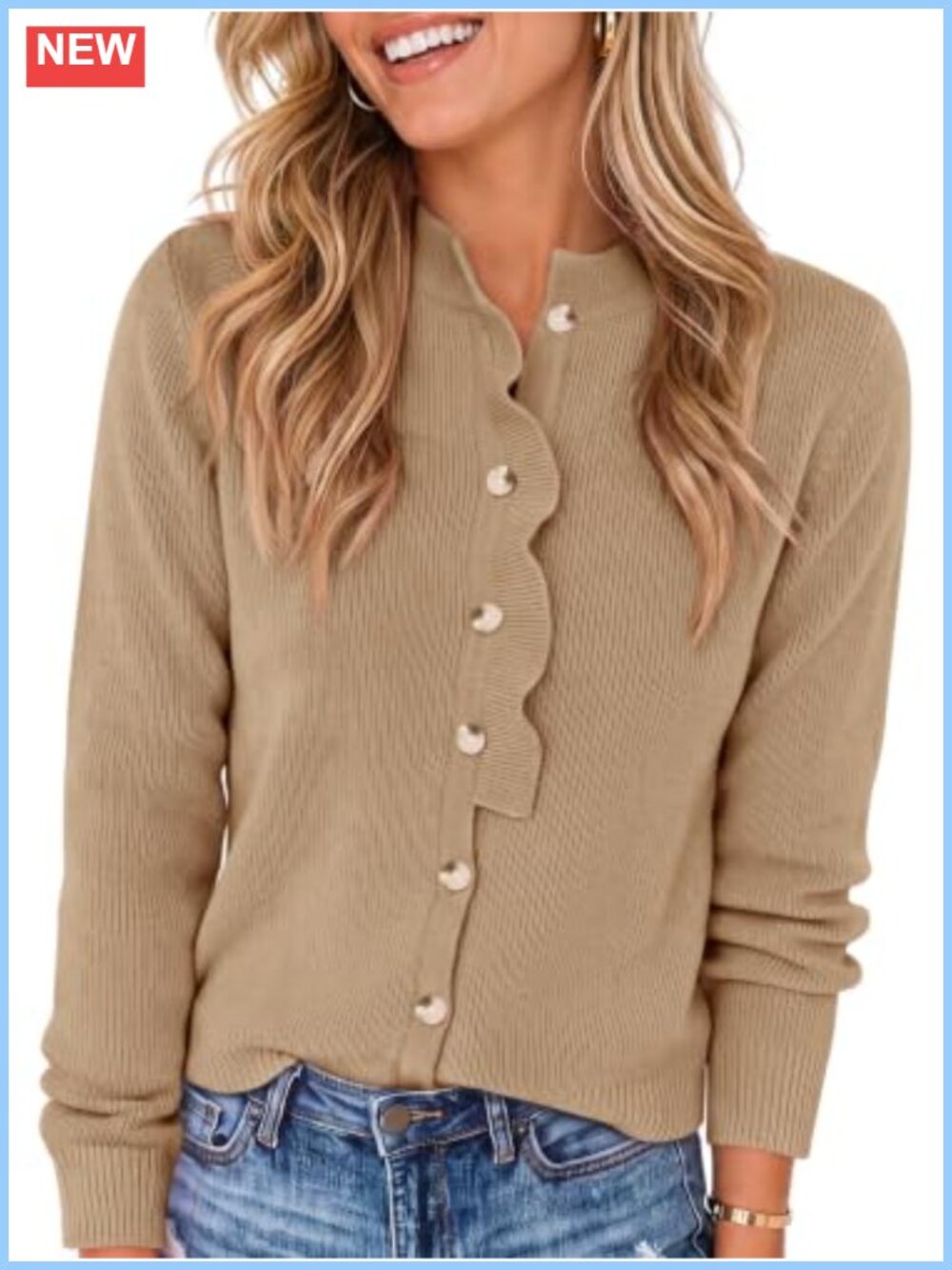 Saodimallsu Soft Knit Ruffle Mock Neck Button Down Cardigan Sweater